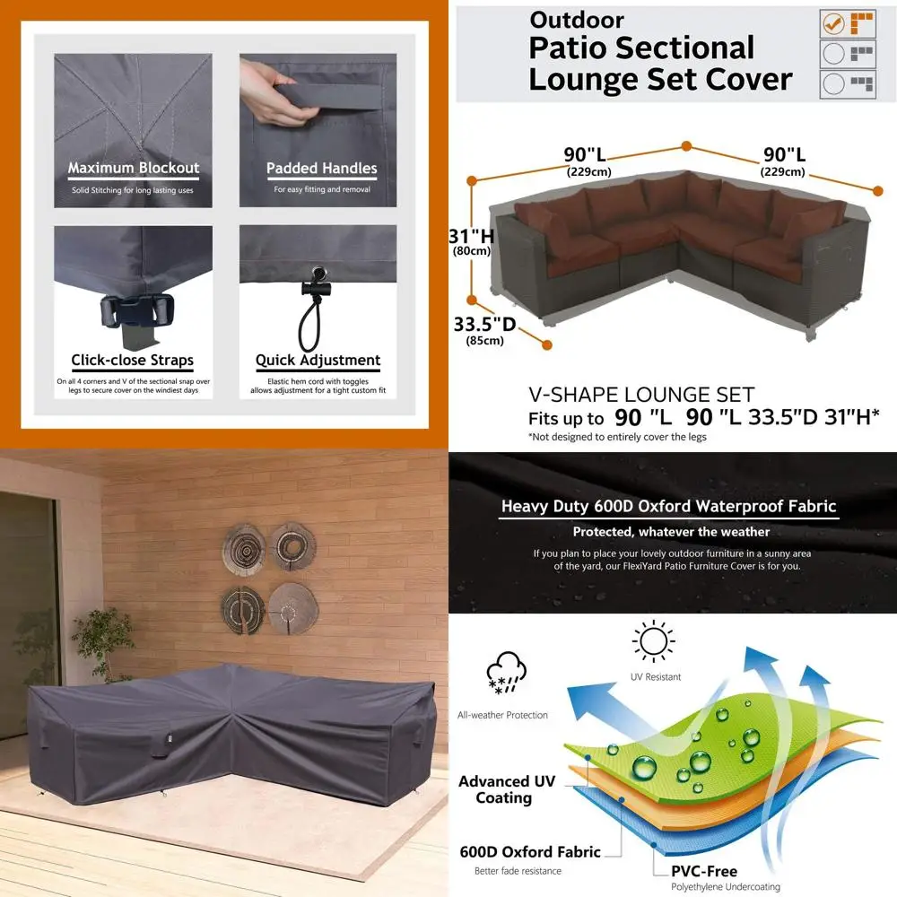

Waterproof 600D Outdoor Sectional Sofa Cover, Heavy-Duty Patio Couch Cover, Storm Grey V-Shaped 90x90 Furniture Protector