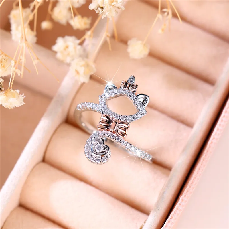Niedliche weibliche weiße Katze Tier Zirkon Stein Ring Silber Farbe Sommer Hochzeit Schmuck für Frauen