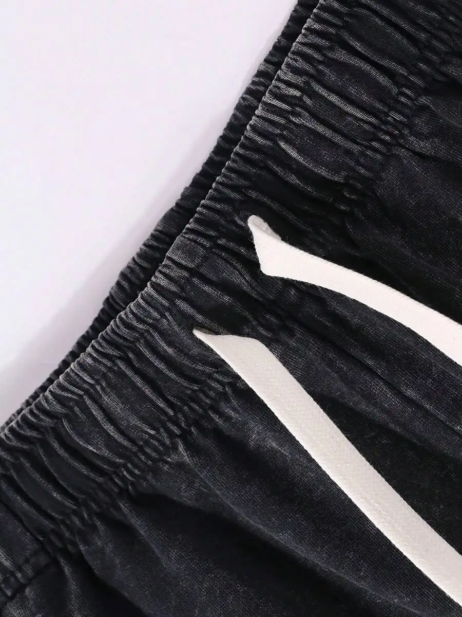 

Mens Black Vintage Washed Cotton Shorts Elastic Waist Drawstring Casual Shorts