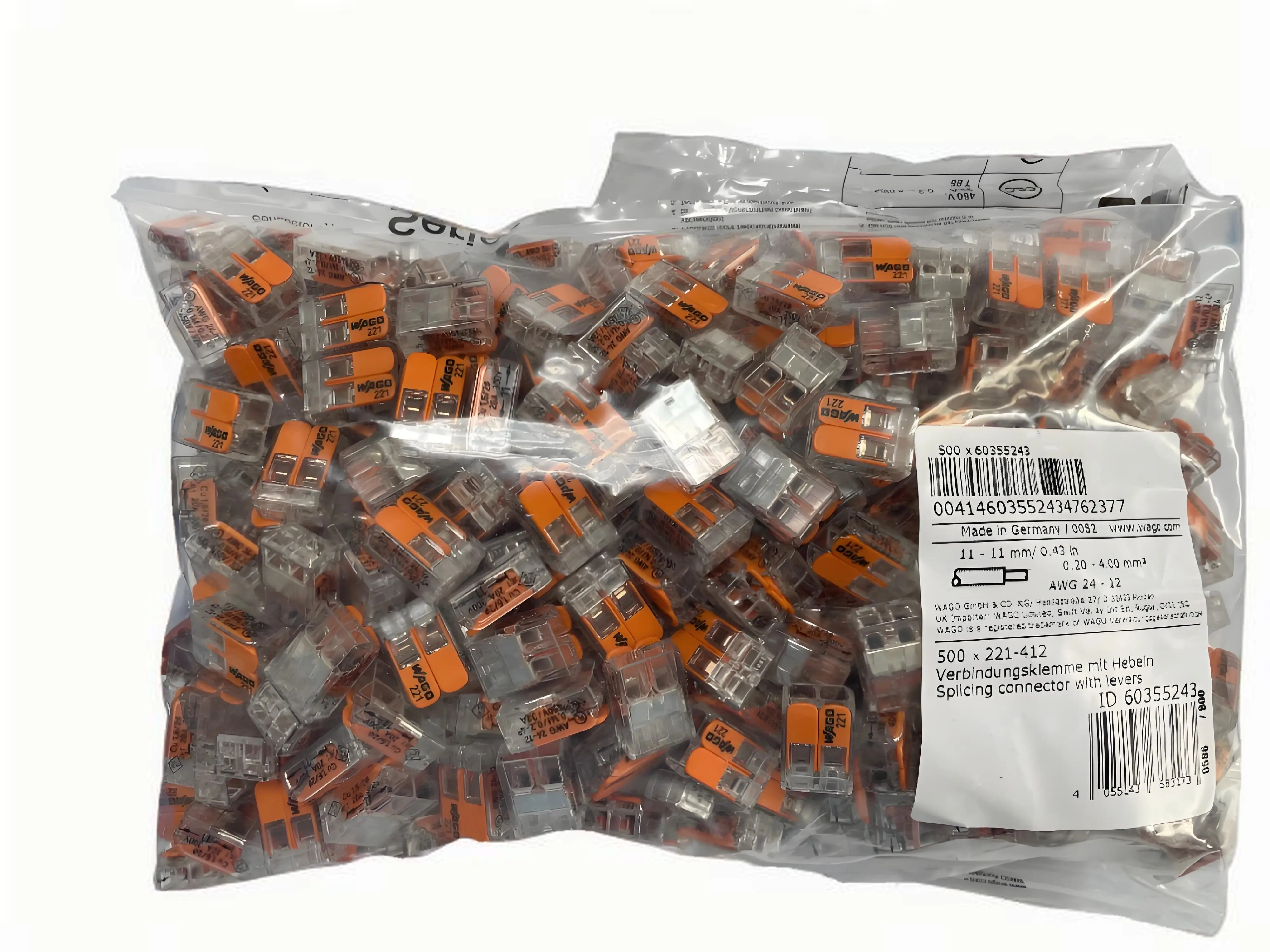 

500PCS per bag 221-412 WAGO 2-hole quick terminal with lever Compact wire connector 4MM² Transparent orange Original
