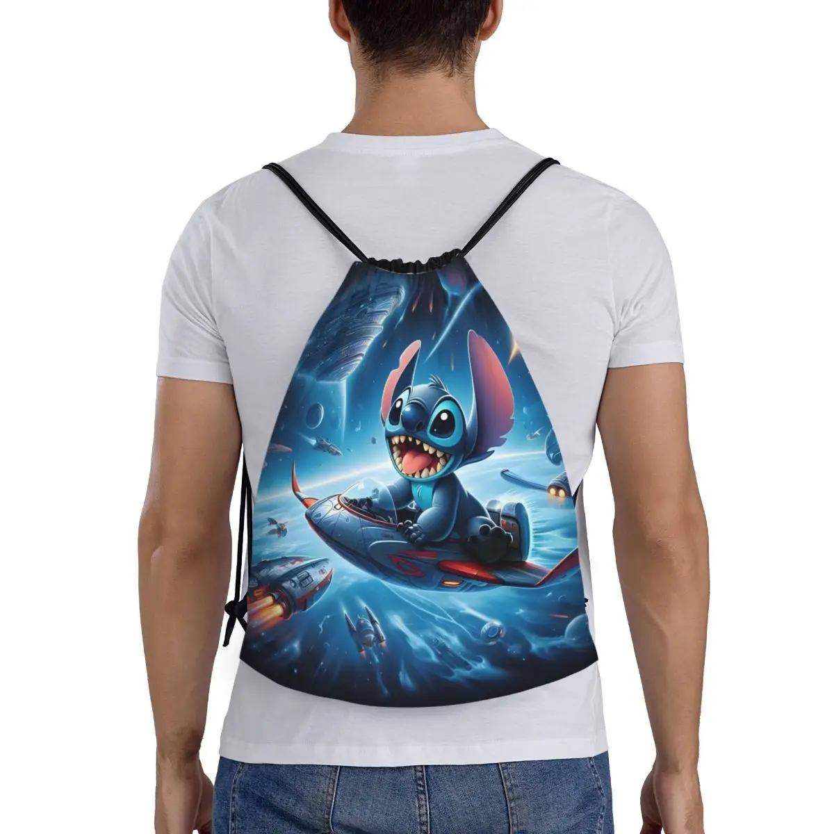 غرزة سفينة الفضاء الكون ملصق الرباط على ظهره النساء الرجال الرياضة الصالة الرياضية Sackpack طوي لطيف أنيمي الكرتون حقيبة تسوق كيس