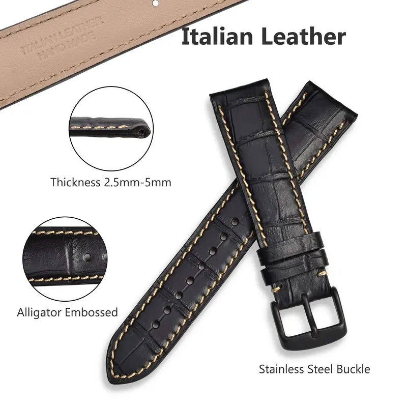 BISONSTRAP New Watchbands Alligator Embossed Cowhide Leather Watch Strap 14mm 18mm 19mm 20mm 21mm 22mm Accessories Wristband