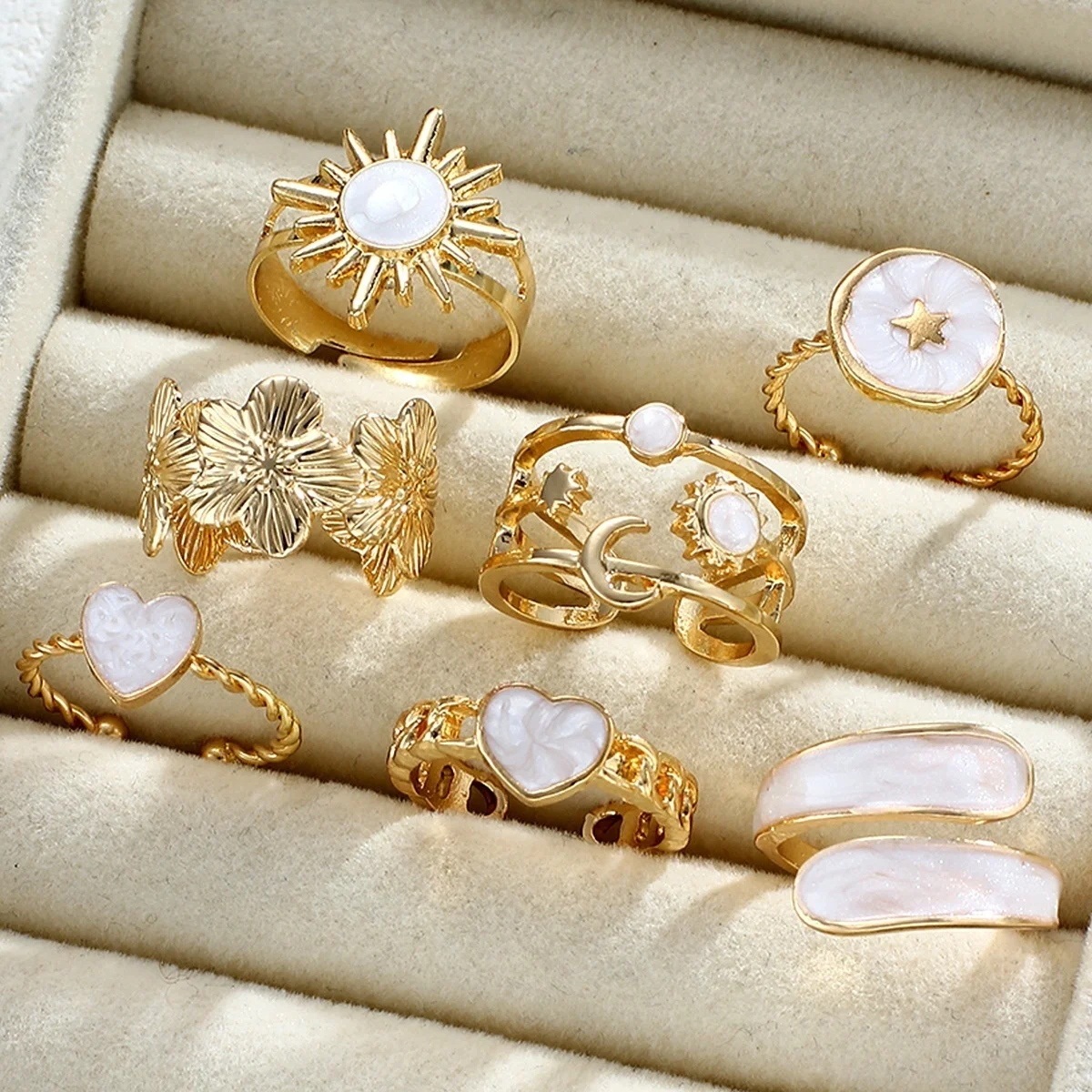 Vintage-Set mit unregelmäßigen, barocken, imitierten Perlen-Fingerringen für Damen und Herren, trendiger weißer, geometrischer Ring mit Emaille, Punk-Schmuck – Detail 24