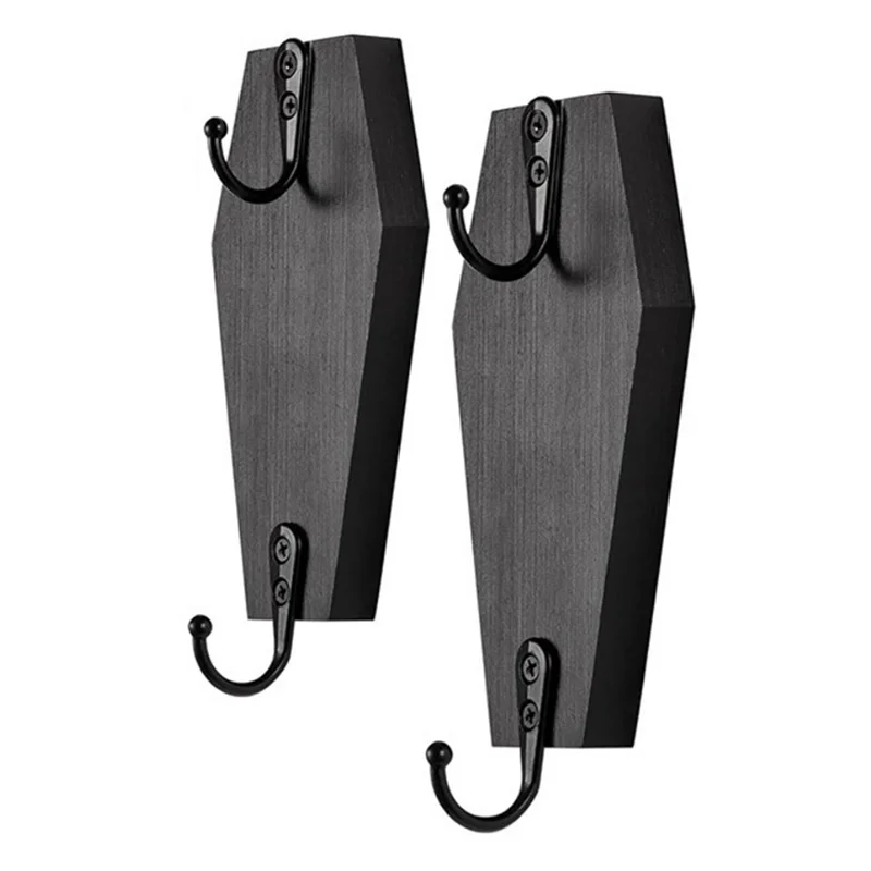 A43T 4X Halloweenowy Wieszak na Ścianę w Kształcie Trumny, Haczyk Ścienny na Klucze - Rustykalny Czarny Drewniany Wieszak A