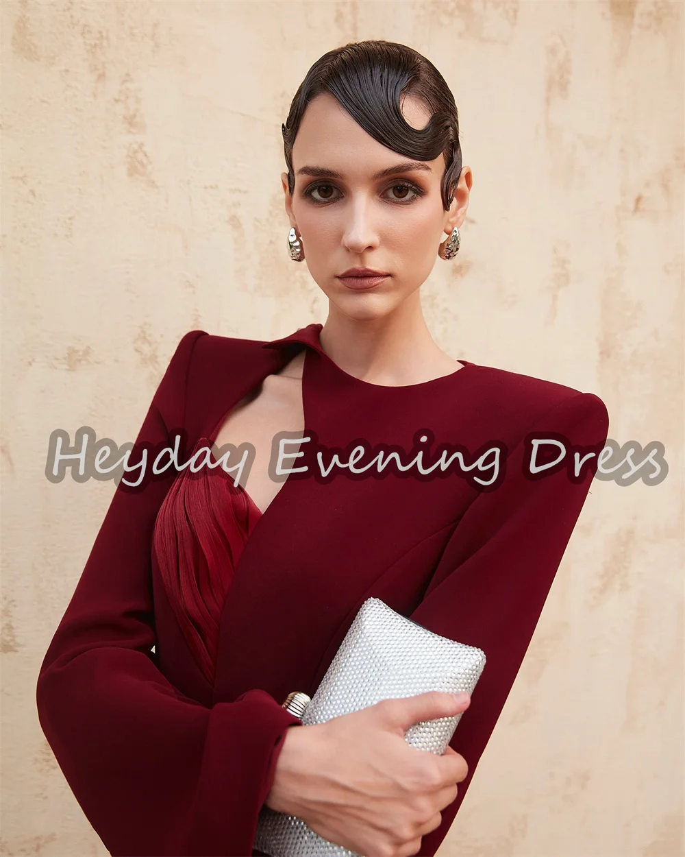 ハイデイ クレープ Aライン Oネック シンプル サウジ イブニングドレス レディース 2025 長袖 プリーツ ロング丈 ドレープ パーティーガウン