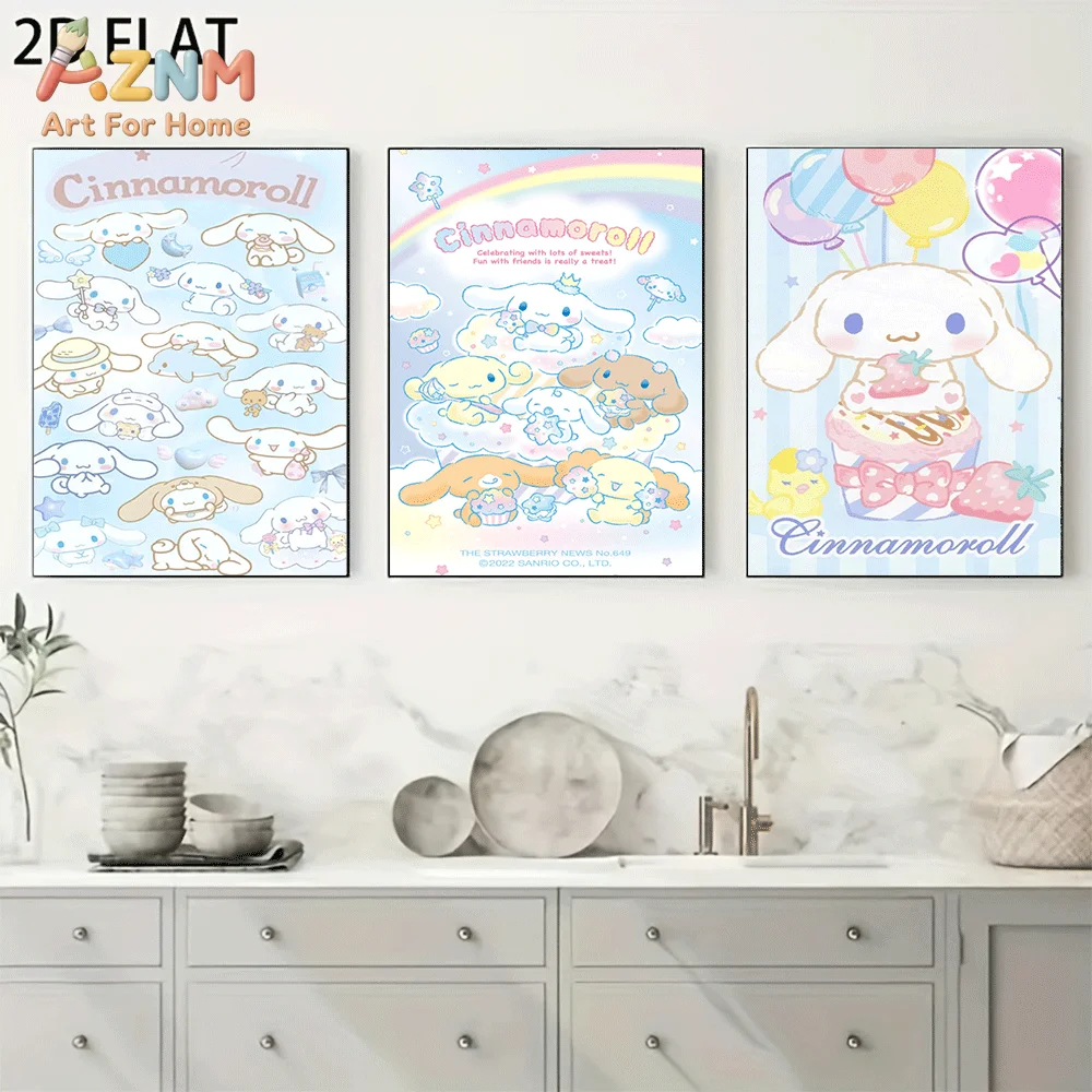 AZNM Cinnamoroll Canvas Wall Art Unframed Cute Cartoon Print Poster Rainbow Balloon Cake Strawberry Kawaii Pastel Design for Gir