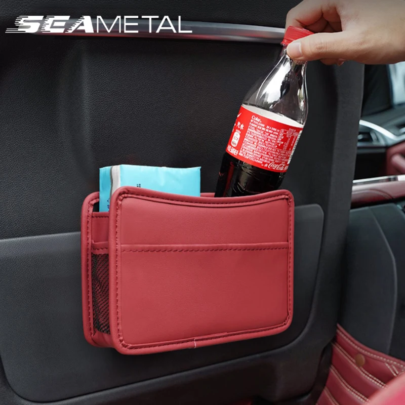 SEAMETAL Car Door Storage Bag Interior Auto Door Organizer Bag For Drink Waste Card Key Sunglasses Holder Pu Leather Storage Bag