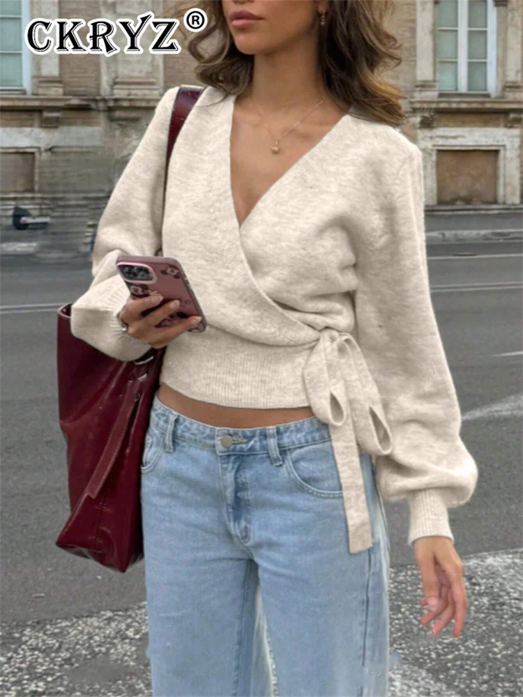 Ckryz Autumn 2026 Weekend Outing Top New Fashion Long Sleeve V-Neck Knitted&Stretchy T-Shirts For Women Daily Casual Hot Sale