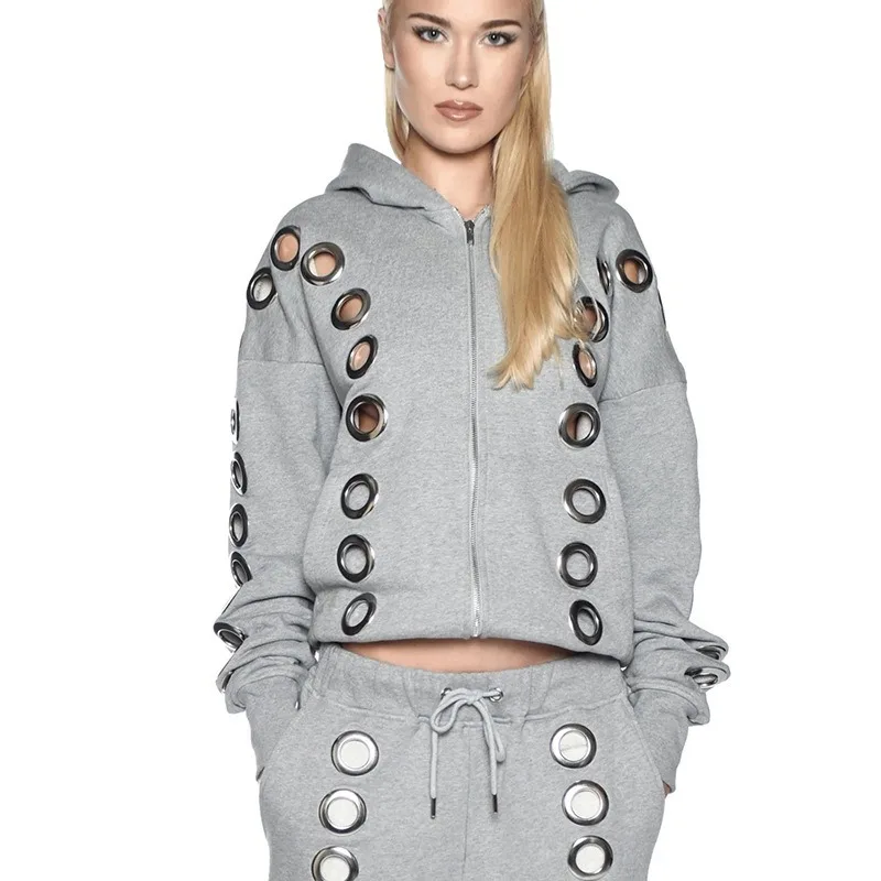 Autumn and winter new American style cool hollow out design zipper style jacket sweatshirt simple daily versatile