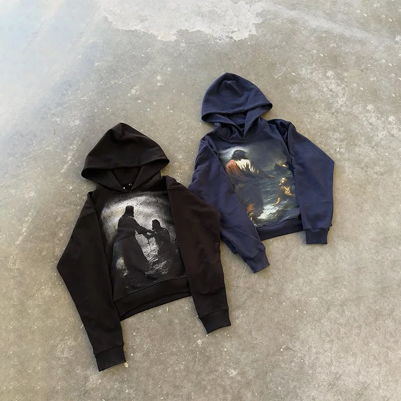 

Y2K Повседневная свободная толстовка с капюшоном в стиле религиозной живописи и принтом, винтажный стираный пуловер большого размера, толстовка для мужчин и женщин, удобная уличная одежда