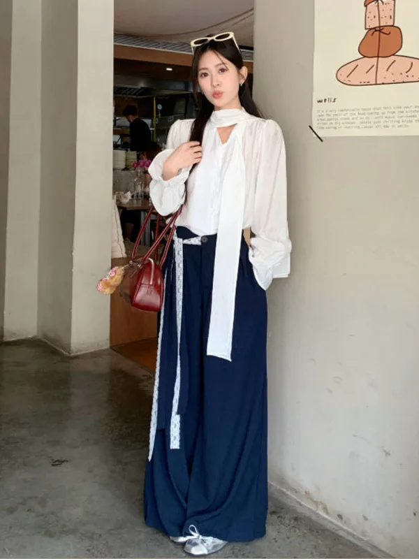 

Elegant V-Neck Long Sleeve Shirt Women's Loose Fit Casual Slimming Top Trendy Spring 2025 New Style Fashion Set