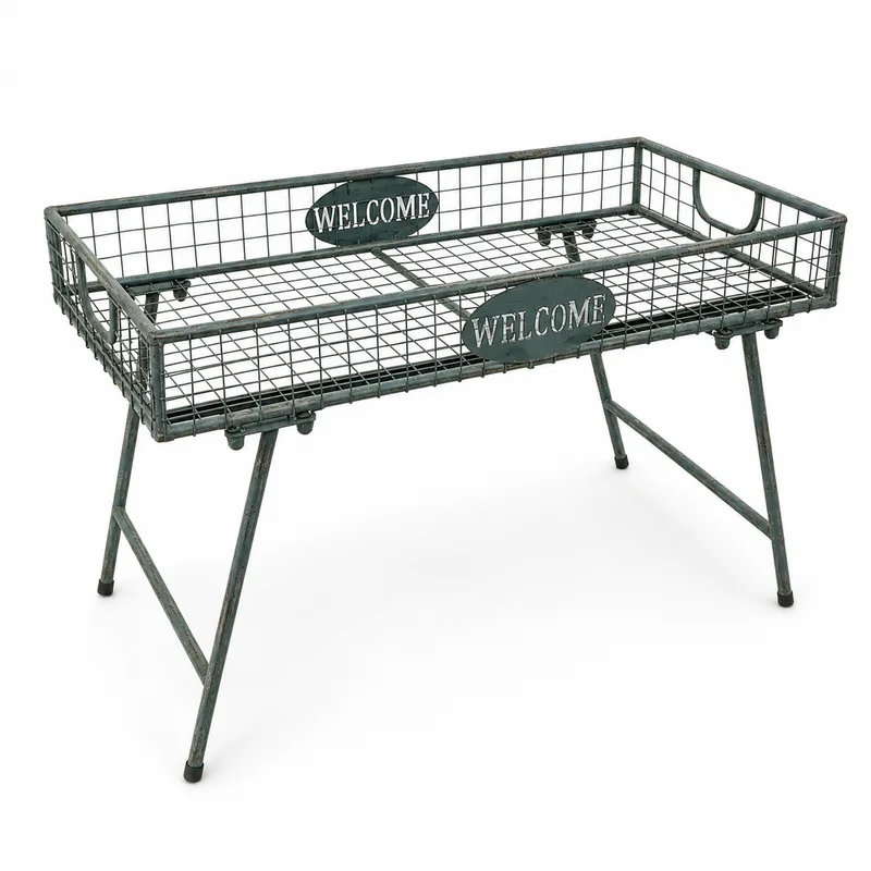 Vintage Metal Raised Plant Stand with Wire Basket, Rustic Garden Display Table with Removable Legs for Pots, Blue Green White