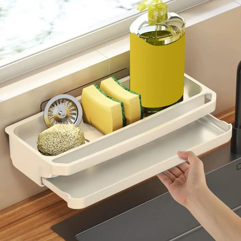 No-drill Sponge Holder Kitchen Sink Drain Rack with Hanging Rod Chopstick Holder Rust-resistant Countertop for Utensils