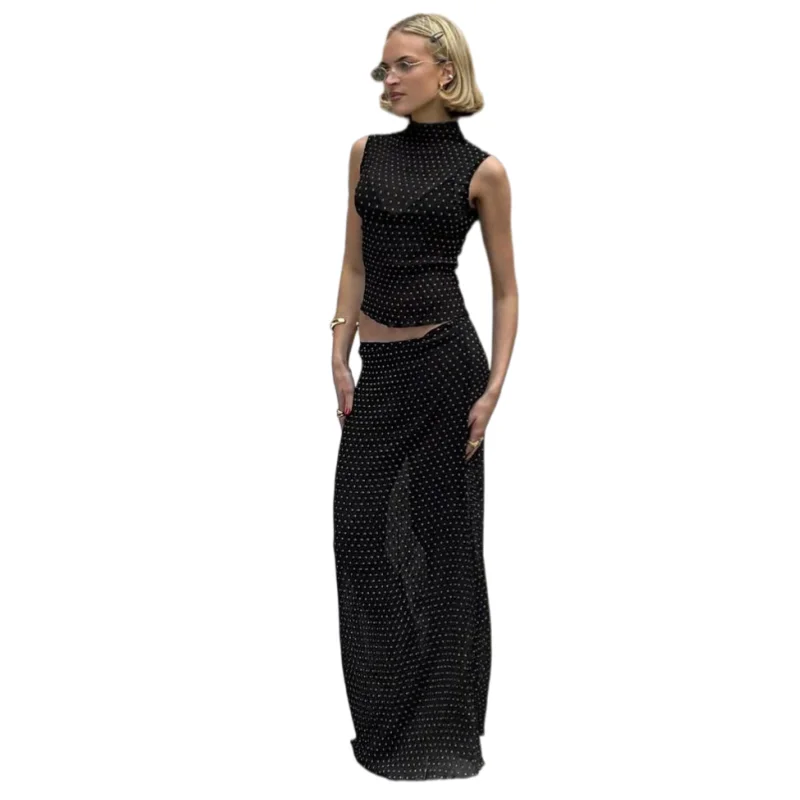 

2026 Summer New Polka Dot Sleeveless Top & Maxi Skirt Set Women's Vintage Elegant Party Two Piece Outfit