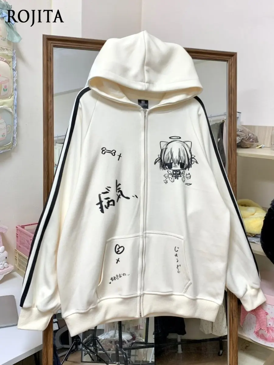 

Japanese Style Cute Striped Graffiti Print Autumn Winter Zipper Jacket Subculture Hooded Cotton Cardigan Sweatshirt Anime Hoodie