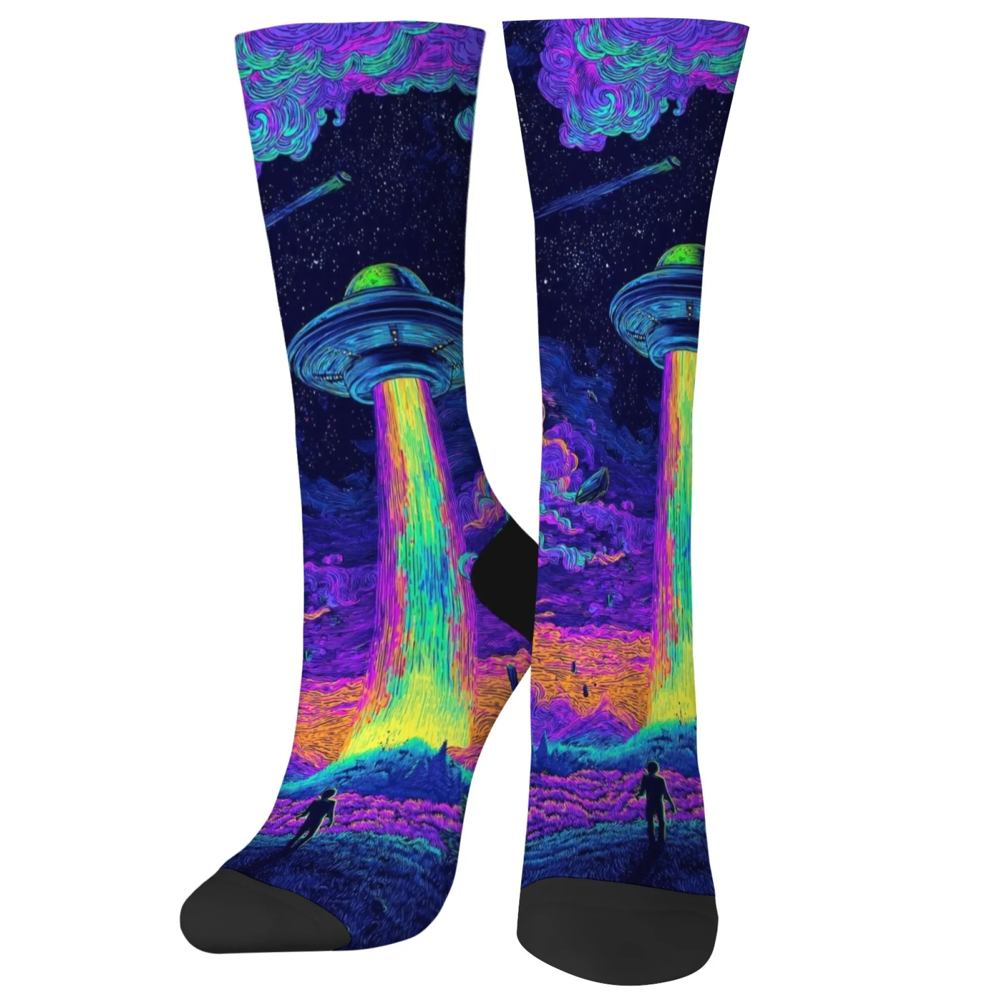 نيون Harajuku نمط الخيال العلمي UFO الرجال طاقم الجوارب مخدر قوس قزح ضوء شعاع والسماء المرصعة بالنجوم طباعة للجنسين العصرية الجوارب الموضة