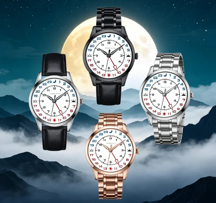 Reloj Creativo de Cuarzo con Diseño de Amanecer y Atardecer, 24 Horas, de Acero Inoxidable y Cuero, Resistente al Agua, para Estudiantes Masculinos