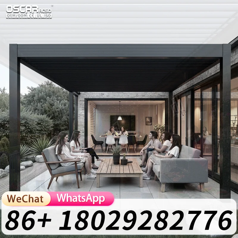 Weatherproof Metal Garden Gazebo Smart Solar Powered European Backyard Deck Patio Villa Adjustable Opening Roof Sun Shade Canopy