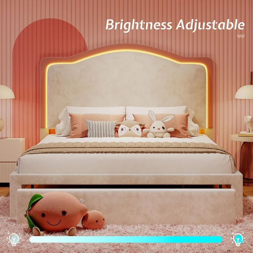 Molduras de cama dupla LED com gaveta de armazenamento, cama de plataforma estofada com cabeceira ajustável, sem necessidade de molas