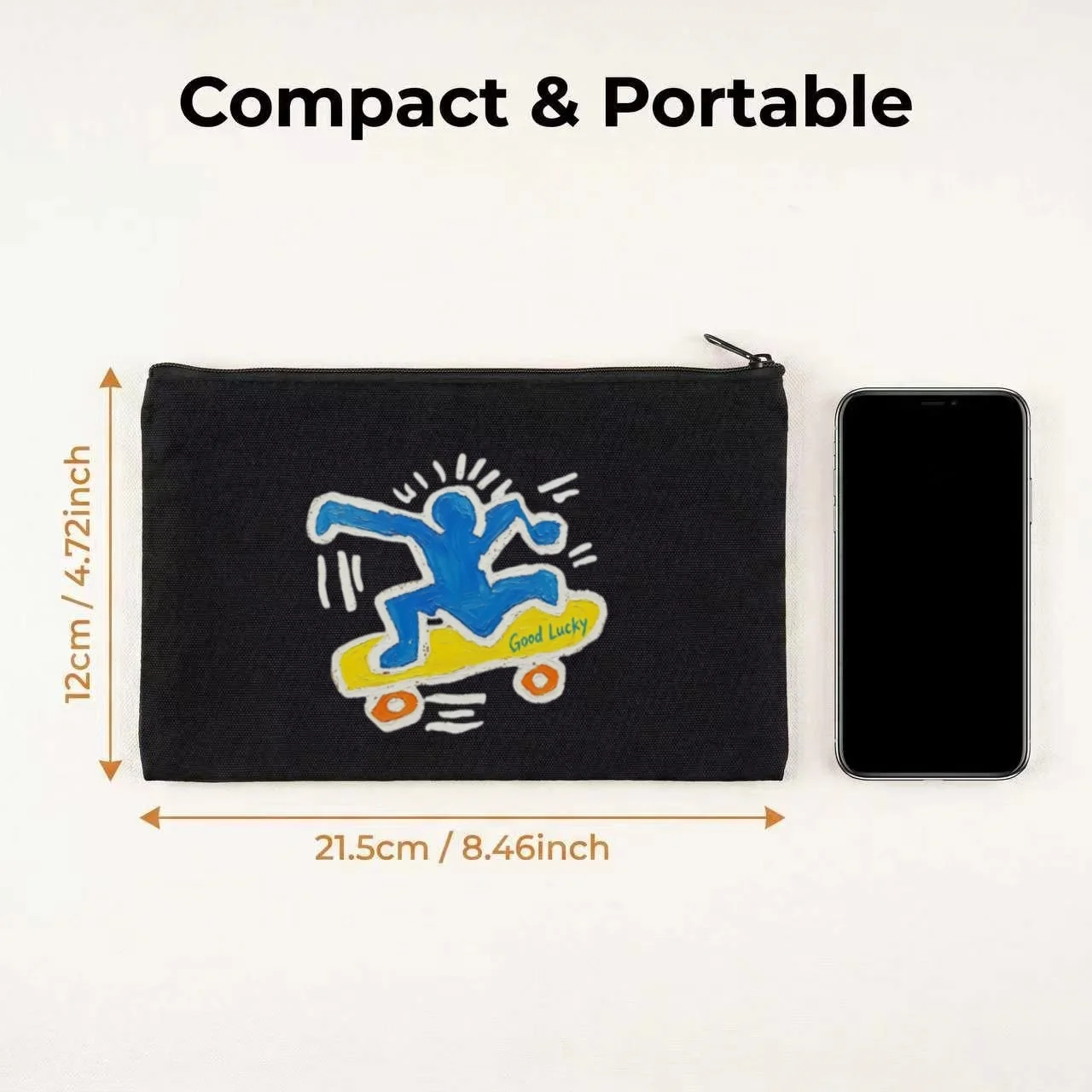 1PC Cool Street Skate Man Bright Color Hand Drawn Print Makeup Bag Double Sided Canvas Daily Storage Organizer