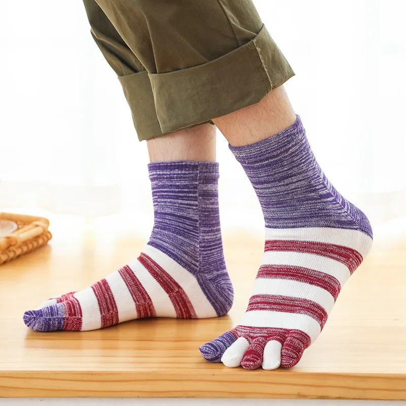 5 Đôi Tất Nam Harajuku Năm Ngón Tay CrewSocks Mans Bé Trai Retro Hàn Quốc Giữa Ống Lớn Sọc Cotton Dày Dặn Ấm Thường Ngày tất Có Ngón Chân