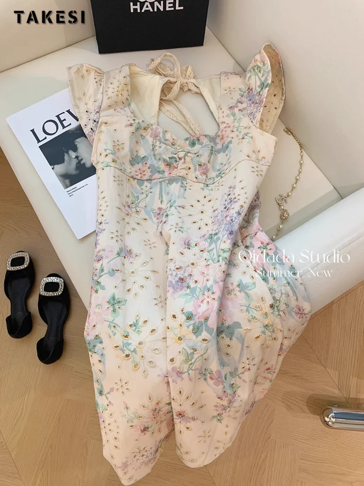 2023 Summer Vintage Short Sleeve Floral Embroidery Square Collar Midi Dress Women Elegant Chiffon A-Line High Waist Beach Dress