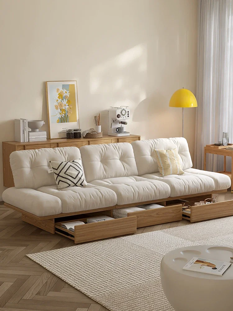 Cloud cloth sofa log cream wind solid wood simple modern small apartment Japanese-style floor storage super wide