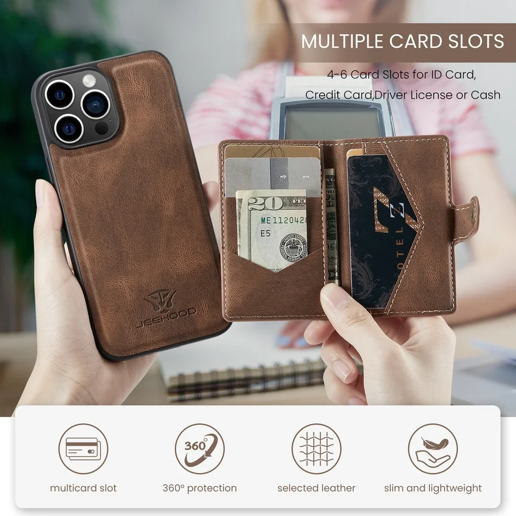 Detachable Magnetic Leather Case for iPhone 15 Pro Max 16 Pro 14 13 12 11 Xs Max Xr 7 8 Plus SE 3 Magnet Clasp Card Wallet Cover