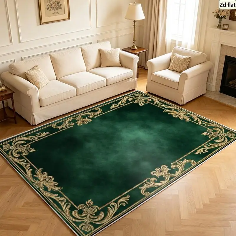 Carpet Flooring Dark Green Solid Square Area Rug Luxury Golden Baroque Scroll Border Floor Carpet Indoor Decor