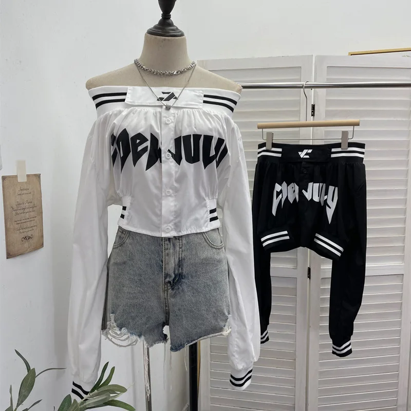 

American Spice Girl Off The Shoulder Long-sleeved Letter-printed Shirt Women Blouses Top