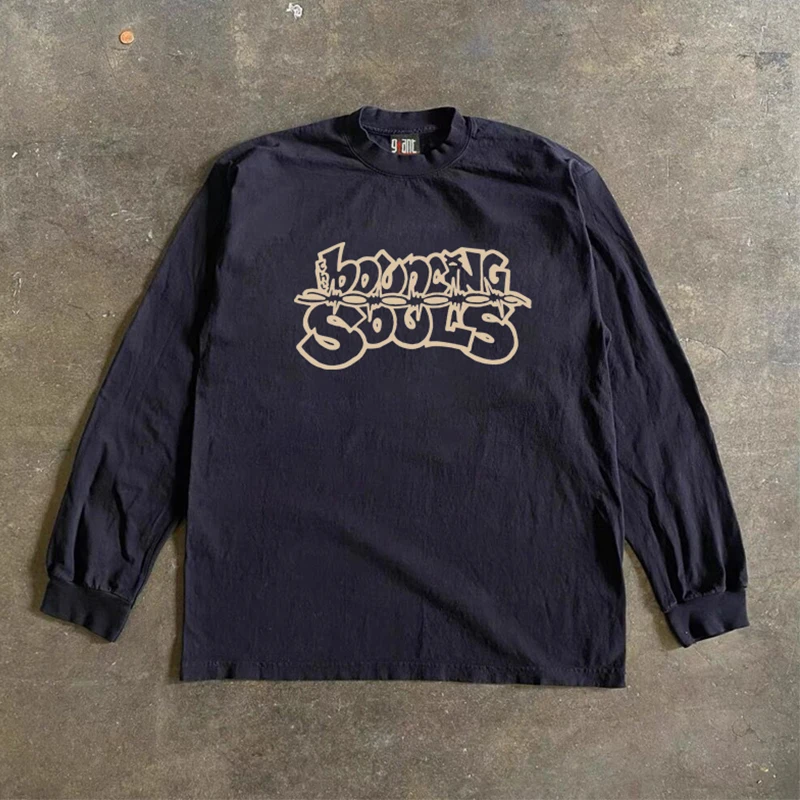 ヘビーウェイトオーバーサイズレターロングスリーブtシャツレトロストリートスタイルトップトレンディな非軽量通気性ファッションアクセサリー