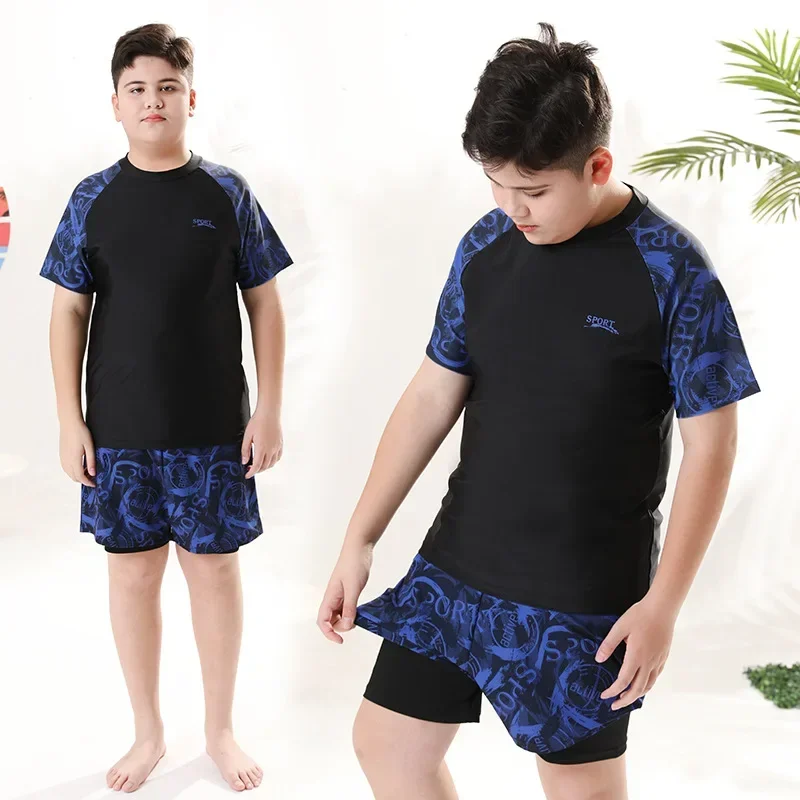 Children's Swimwear with Cap, Short Sleeve, Two Piece Swimsuit for Men, Teenagers, Young Boys, New, Hot Spring Bathing Suit