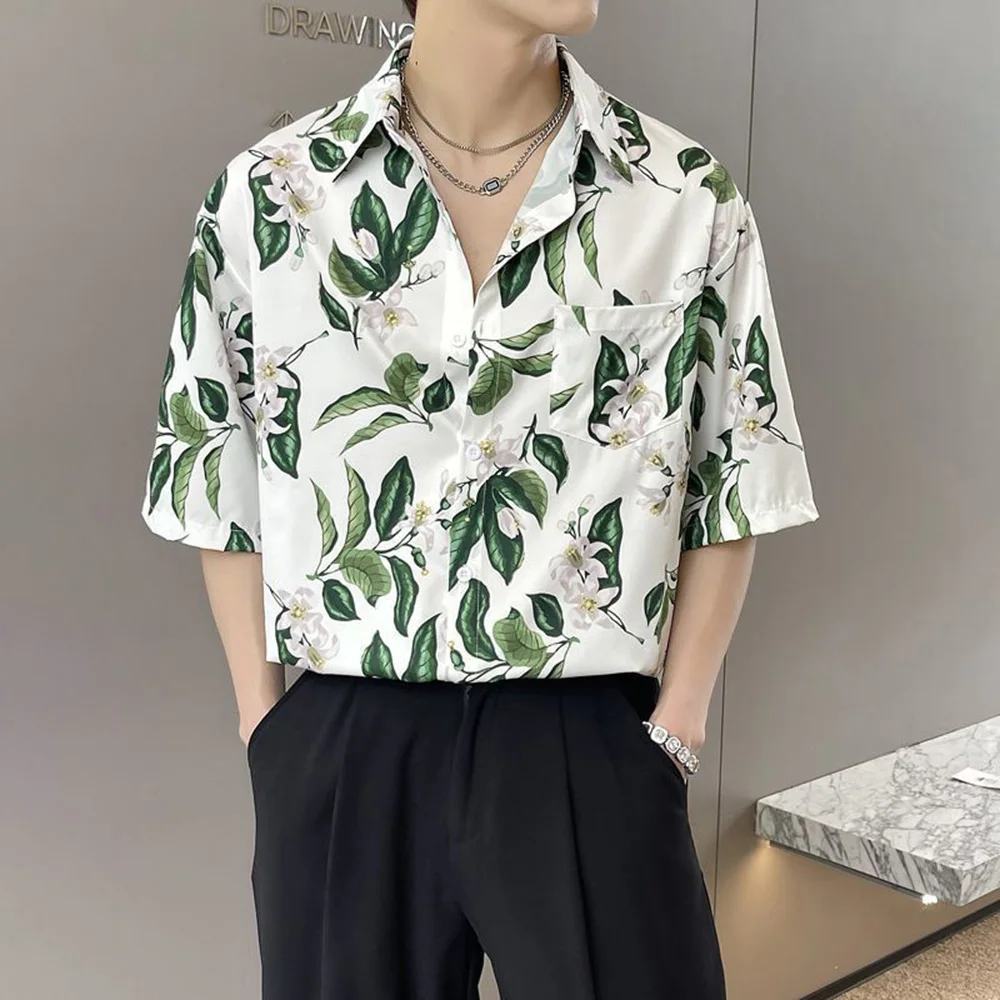 Mens Y2k Casual Flower Print Five-Point Sleeve Shirt Fashion Daily Breathable Ice Silk Flower Versatile Thin Top 2024 Summer