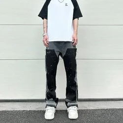 Jeans épissés rétro à la mode pour couples masculins, pantalons Bootcut, style de rue américain, éclaboussures d'encre épissées, européen, américain