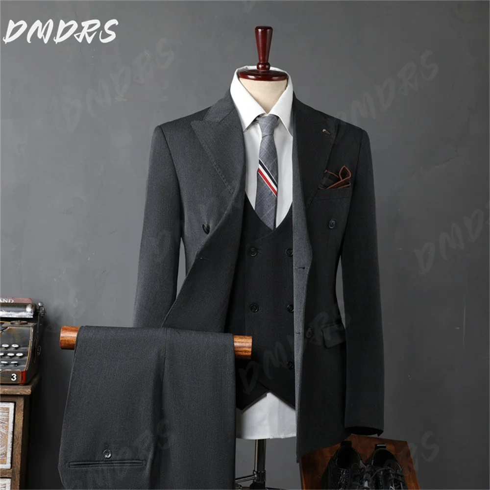 Handsome Dark Gray Men's Suit Set 3PCS Jacket Vest Pants For Formal Banquet Event Elegant Groom Suit Set Host Party Suit Blazer