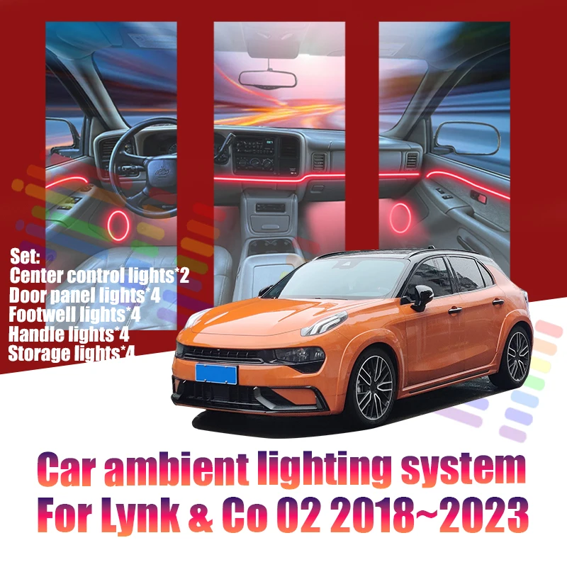 Luces LED Ambientales para Lynk & Co 02 2018~2023 CC11 MK1, Luces de Atmósfera Coloridas, Tira de Neón Interior para Auto, Iluminación RGB de 64 Colores