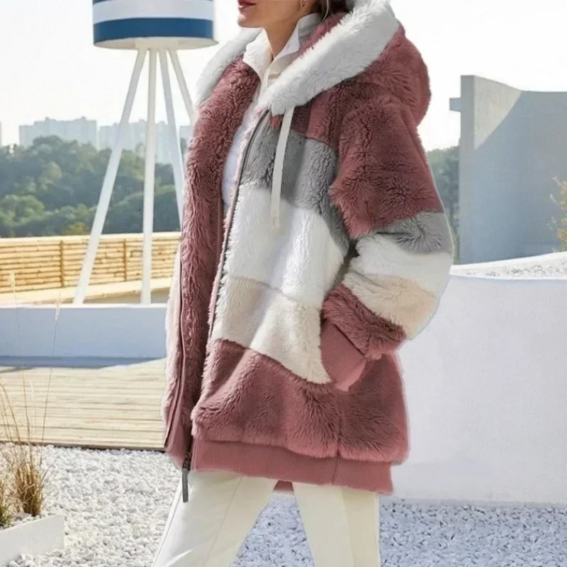 Damen Winter Fuzzy Fleece Jacke Kapuze Farbblock Patchwork Cardigan Mäntel Langarm Tunika Mantel Oberbekleidung mit Taschen