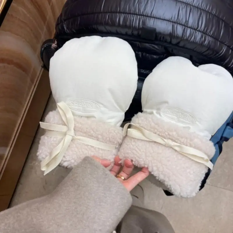 Pair Fleece Lined Warm Windproof Baby Strollers Gloves Stylish Bows Decorated for Easy Installation & Cold A2UB