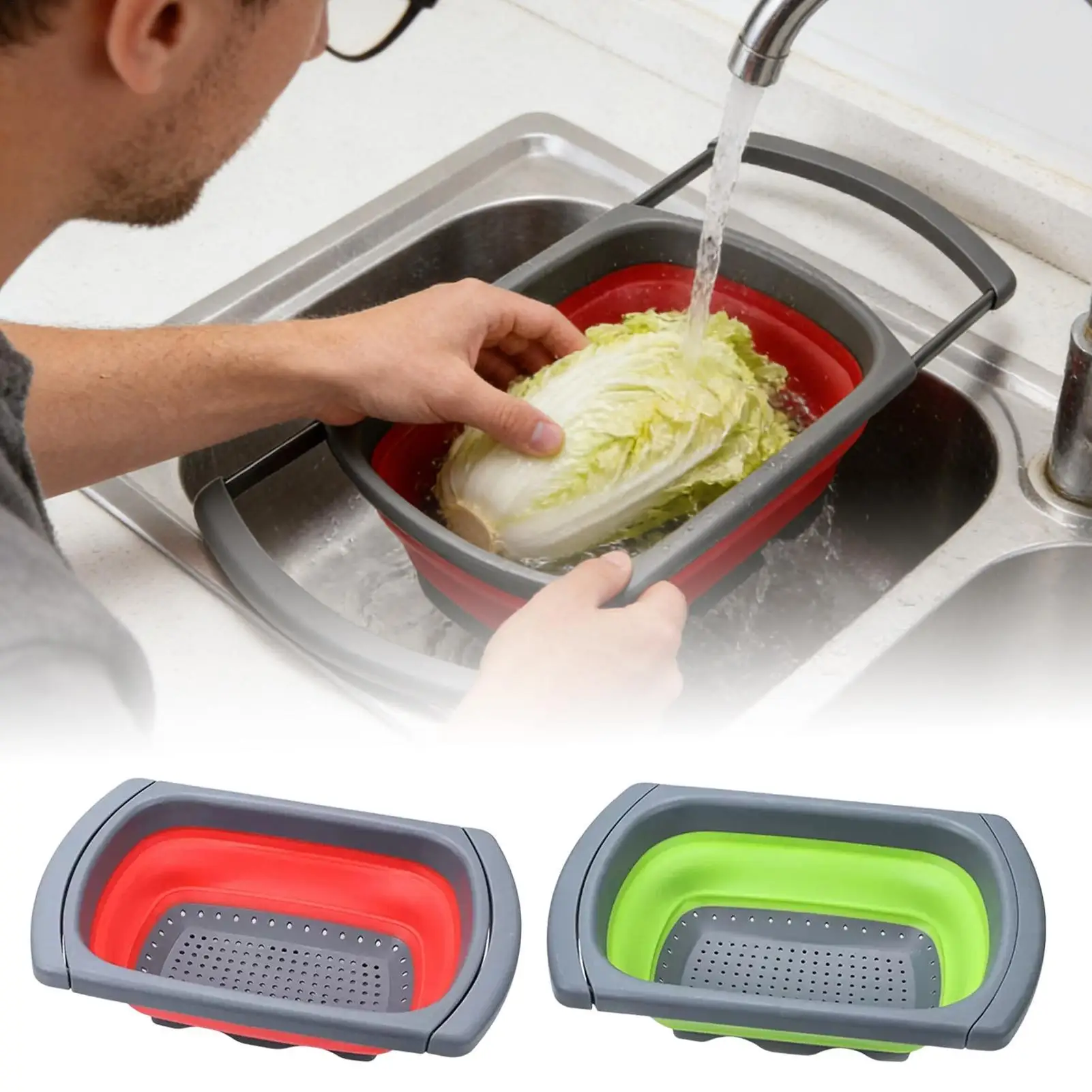Folding Kitchen Colander Strainer Space Saving Extendable Handles Vegetable Draining Basket Colander for Home Fruit Salad Prep