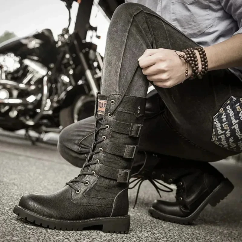 2026 Men Shoes Buckle Strap Combat Boots Lace-Up Low Chunky Heel Casual Boots Motorcycle Work Fashion Fall Winter Zapatos