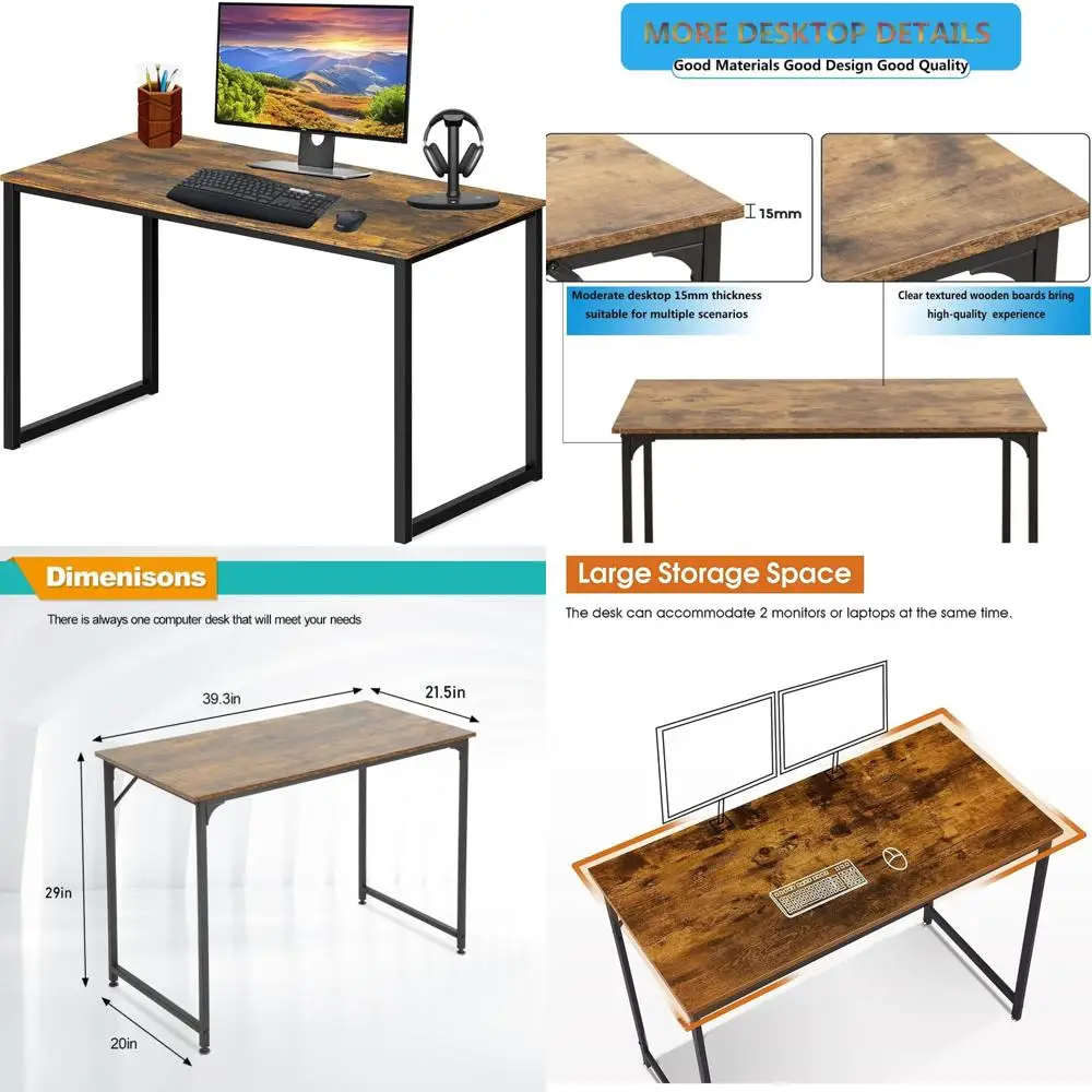 

40-Inch Home Office PC Desk: Modern Wood and Metal Gaming Desk with Vintage Style