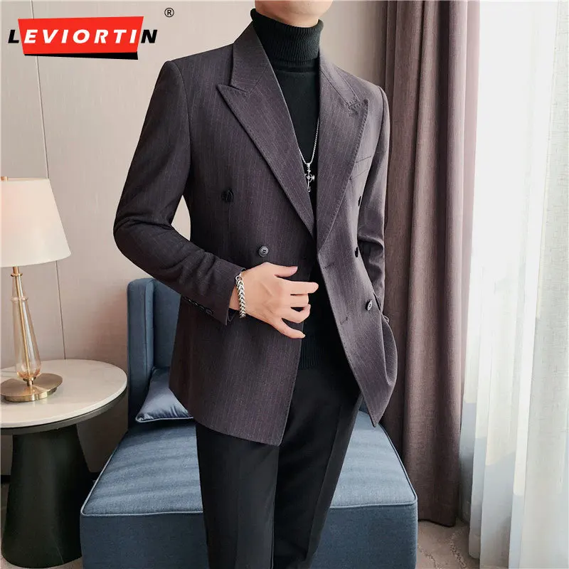 

2023 Spring Men's Suit Coat Slim Fit Business Casual Double breasted Button Dark Stripe Beaded Edge Suit Top Single West M-4XL