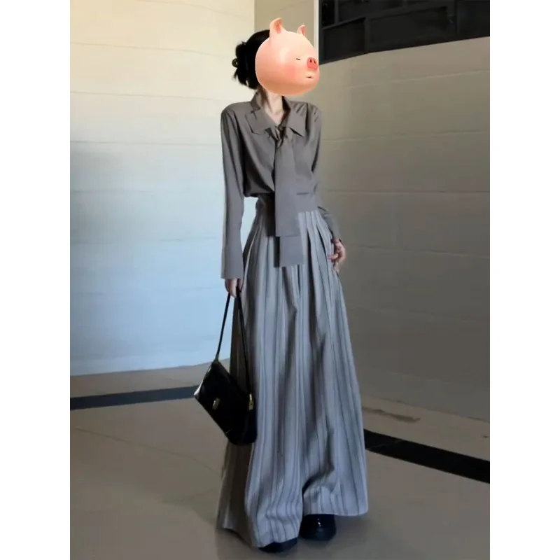 

Новый полный комплект: повседневная рубашка с длинным рукавом и полосатые брюки с широкими штанинами в корейском стиле, профессиональный деловой костюм из двух предметов.