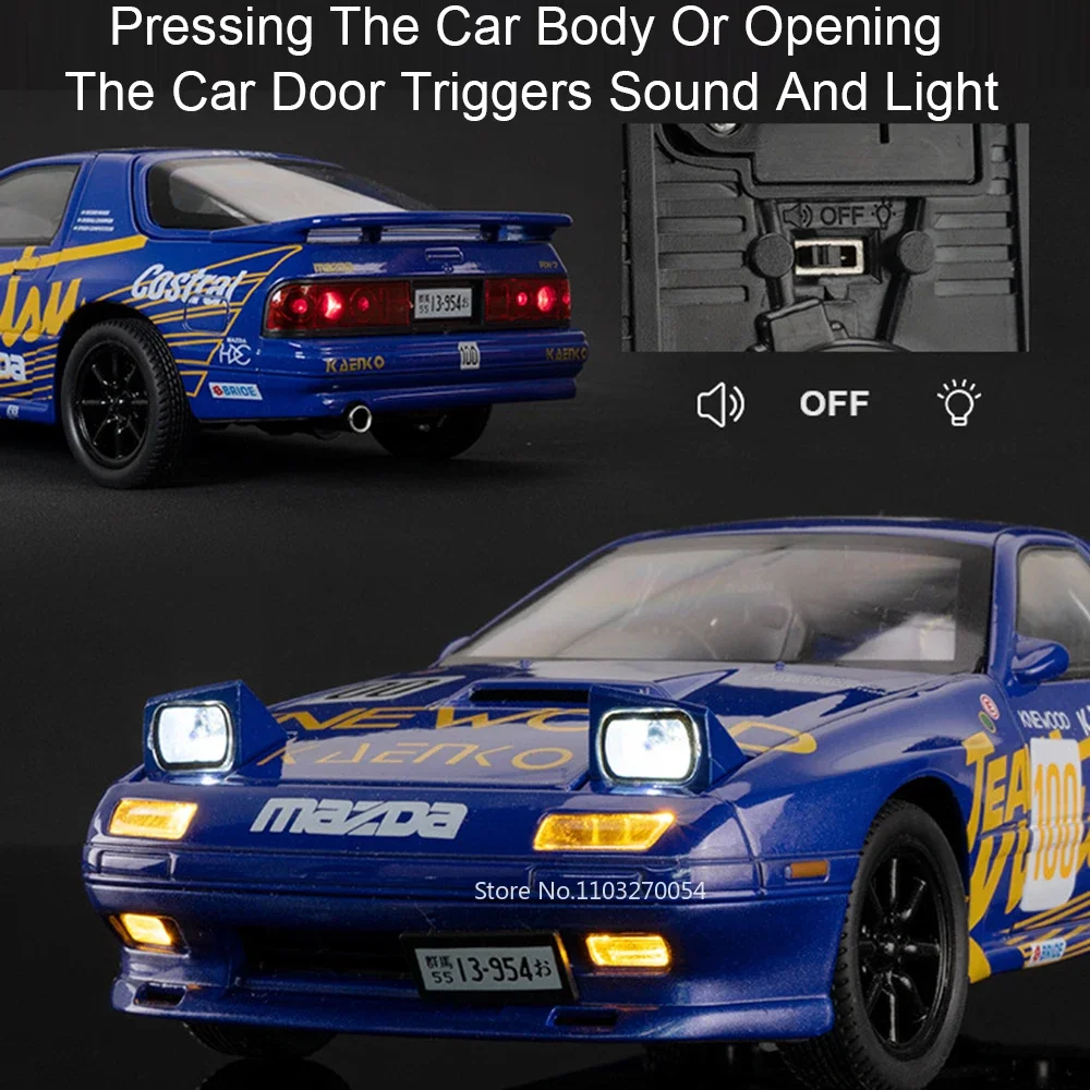 RX7-FC MX5 a escala 1:24, modelos de coches deportivos, juguetes, vehículos de aleación fundida, puertas, sonido abierto, luz, modelos de tirar hacia atrás, regalos de Festival para niños