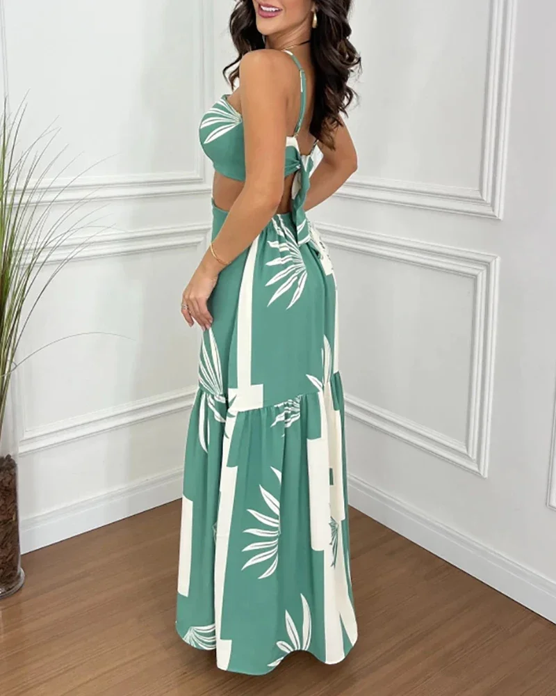 CPSYMYM Sukienki Damskie Wiosna Colorblock Tropical Print Sexy Halter Waist Cutout Maxi Dress Casual Slit Criss Cross A Line Dress
