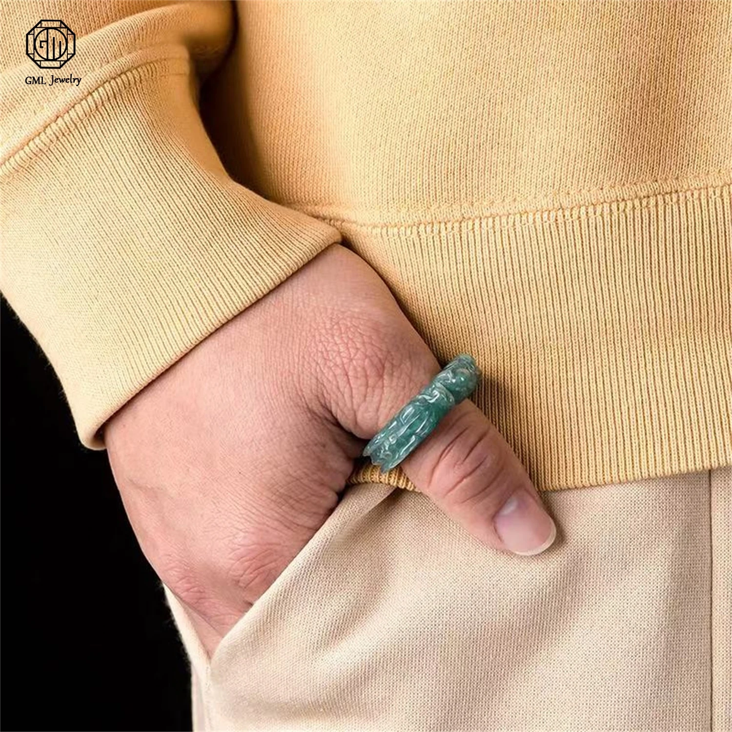 Natural Grade A Jadeite Blue Water Dragon King Three Dimensional Carved Ice Ring Men Thumb Band Exquisite Retro Jewelry Gift