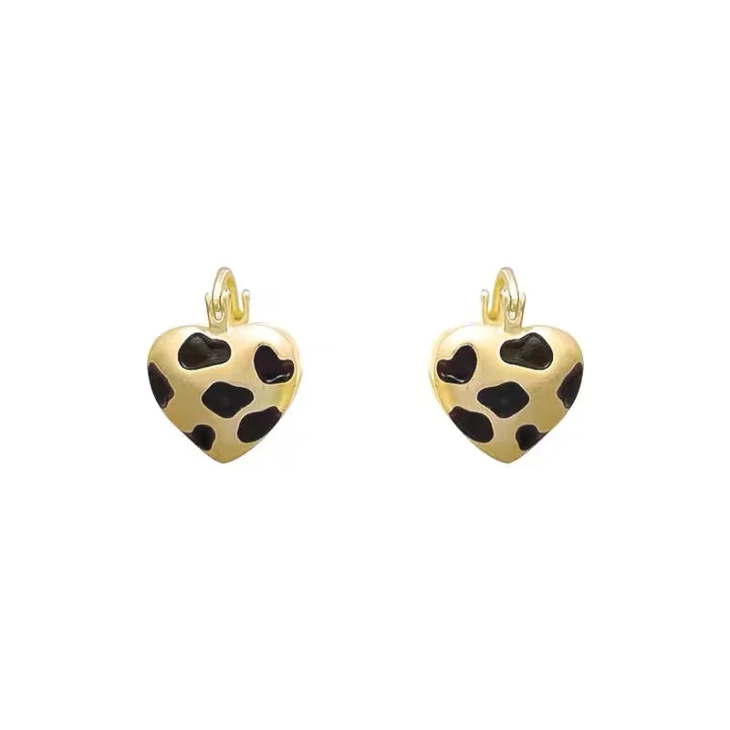 Sweet Matte Gold Color Frosted Spotted Leopard Print Heart-shaped Earrings Temperament Jewelry 2024 New Accessories For Womens