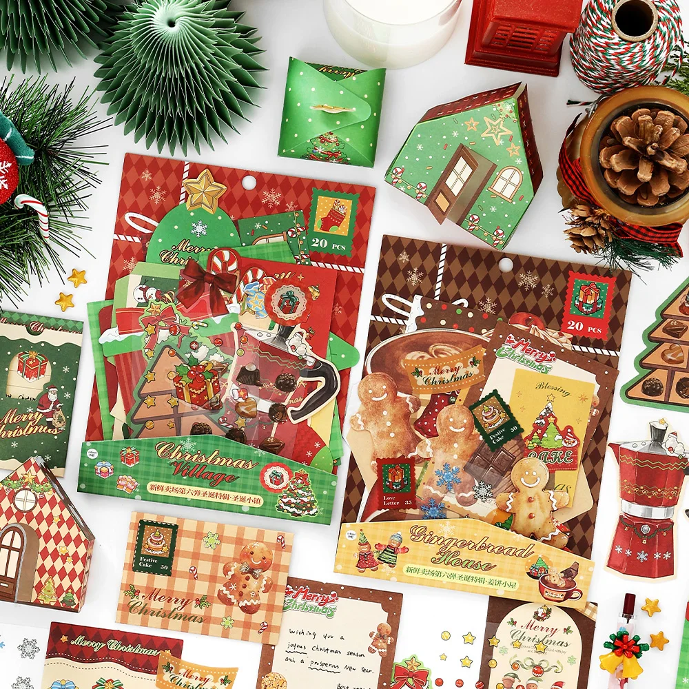 Pack d'autocollants artistiques rétro de noël, 20 pièces, pour bricolage, Album, carnet de notes, décoration, autocollant en PET, fournitures de papeterie pour journal intime