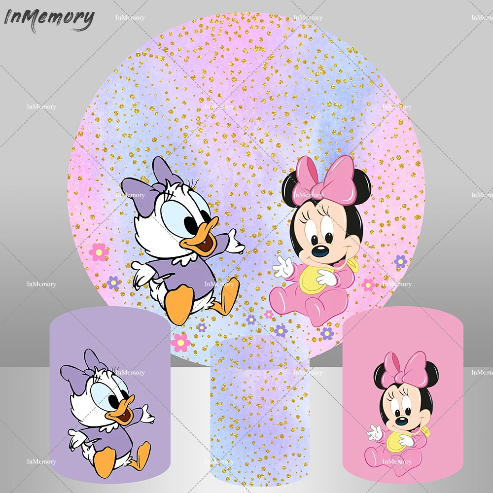 

Cartoon Daisy Duck Circle Backdrop Cover Gold Dots Baby Shower Minnie Mouse Round Background Photography Candy Table Banner