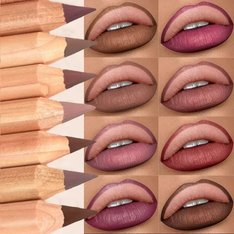 กันน้ํา Matte สีน้ําตาล Lipliner ดินสอ 6 ชิ้น/เซ็ต Red Contour Tint ลิปสติก Long Lasting Non-stick Cup Moisturizing Lips แต่งหน้า